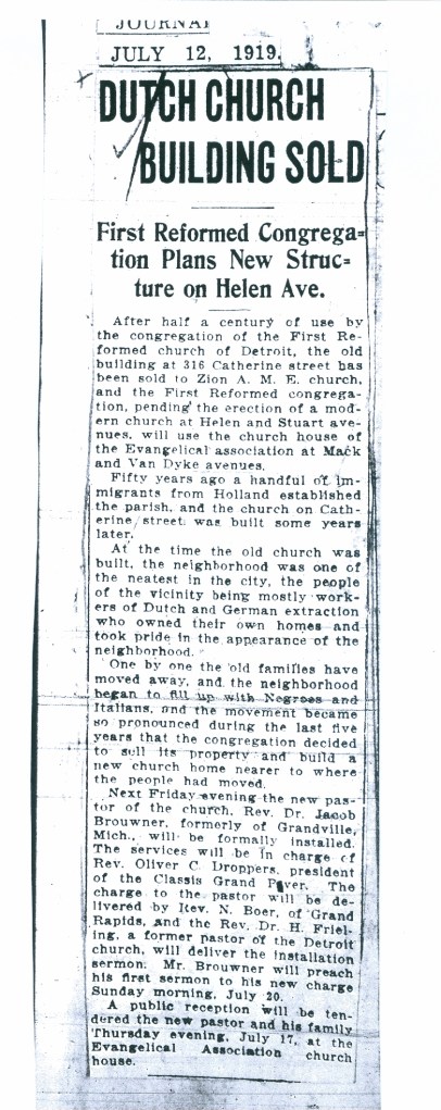 First Reformed Church - Sale of Catherine Street Building